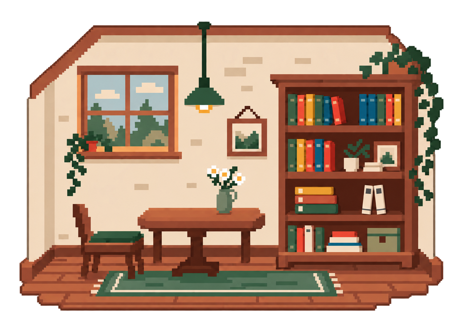 Snoopy’s reading corner: a warm autumn room with golden leaves outside.